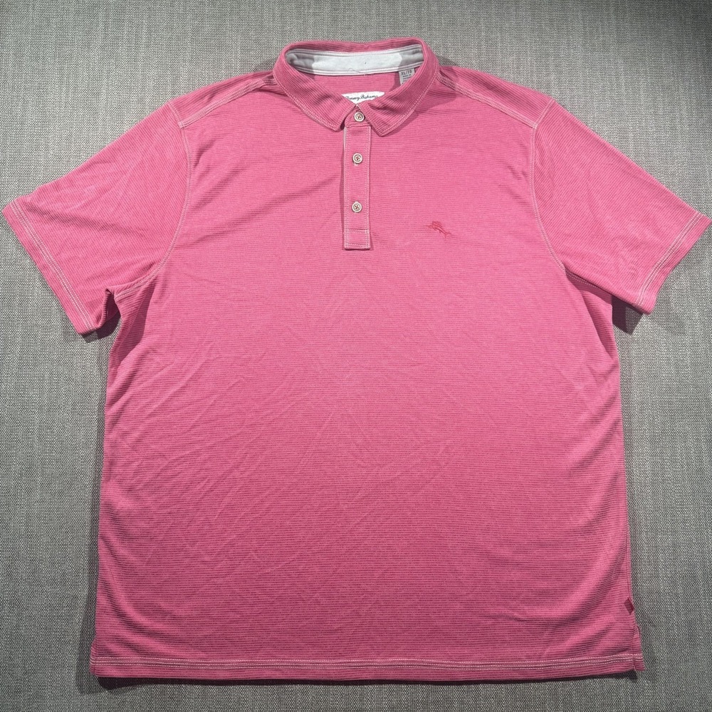 Tommy Bahama Polo Shirt Mens XL Pink‎ Striped Cotton Short Sleeve Golf Casual